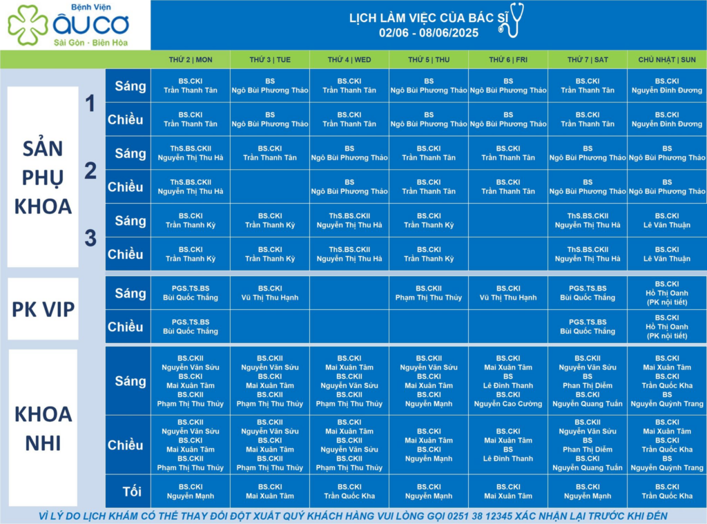 LỊCH LÀM VIỆC CỦA BÁC SĨ TỪ NGÀY 02/06 - 08/06/2025 image