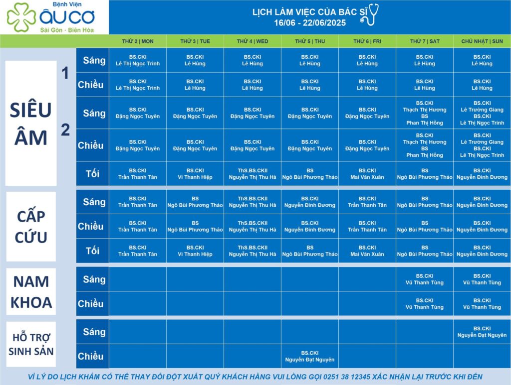 LỊCH LÀM VIỆC CỦA BÁC SĨ TỪ NGÀY 16/06 - 22/06/2025 lich truc 16 6 1