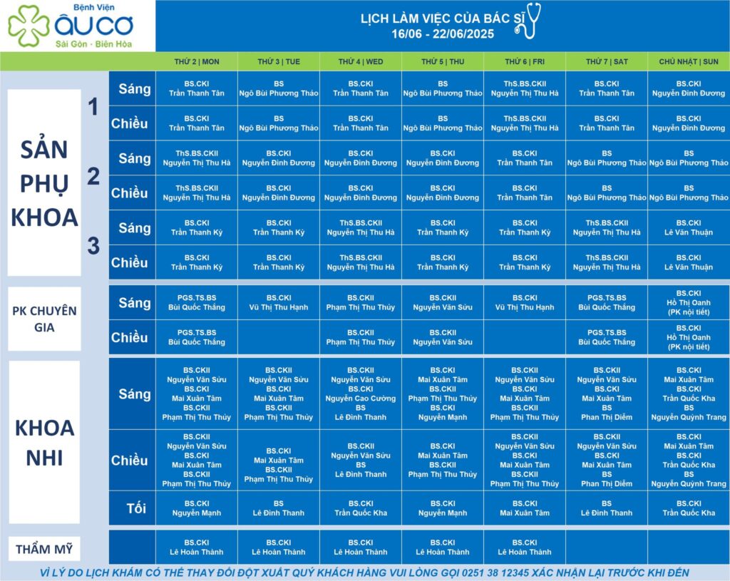 LỊCH LÀM VIỆC CỦA BÁC SĨ TỪ NGÀY 16/06 - 22/06/2025 lich truc 16 6