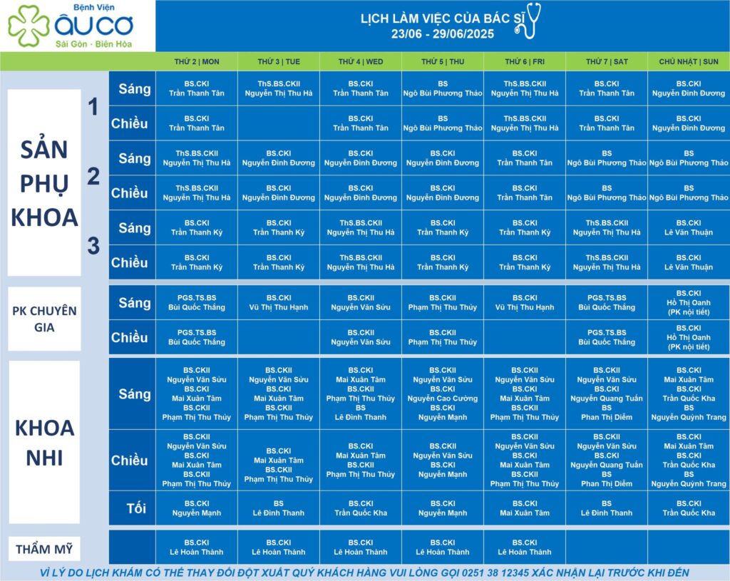 LỊCH LÀM VIỆC CỦA BÁC SĨ TỪ NGÀY 23/06 - 29/06/2025 lich truc 23 6