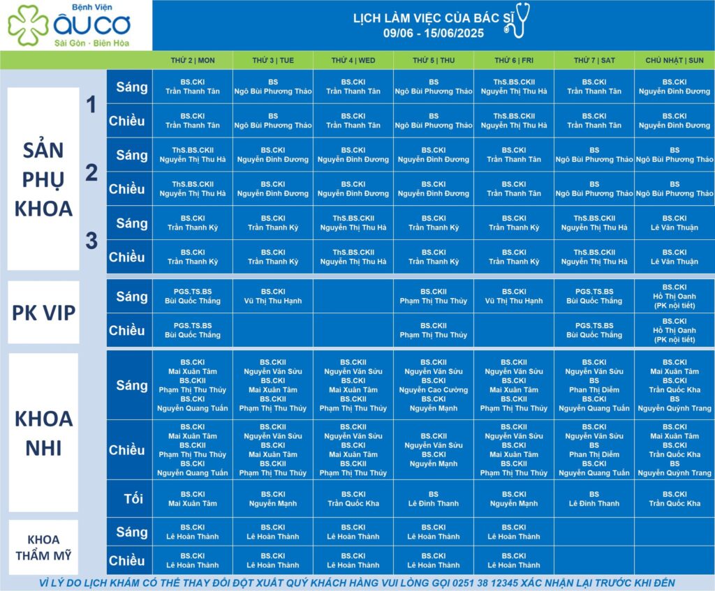 LỊCH LÀM VIỆC CỦA BÁC SĨ TỪ NGÀY 09/06 - 15/06/2025 lich truc 9 6