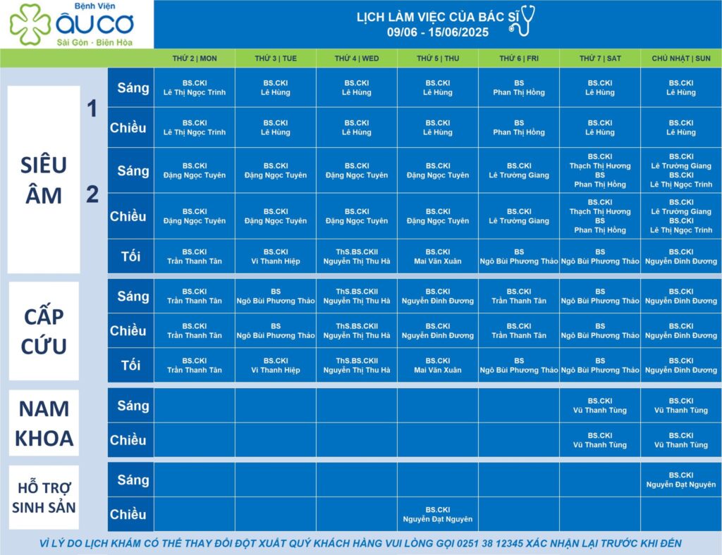 LỊCH LÀM VIỆC CỦA BÁC SĨ TỪ NGÀY 09/06 - 15/06/2025 lich truc 9 6 2
