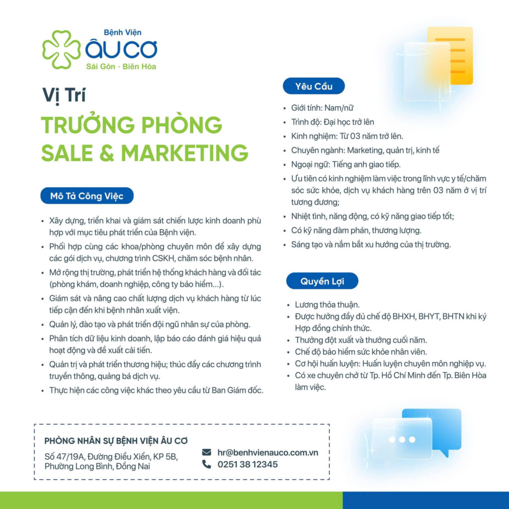 Bệnh Viện Âu Cơ tuyển dụng: TRƯỞNG PHÒNG SALE & MARKETING image