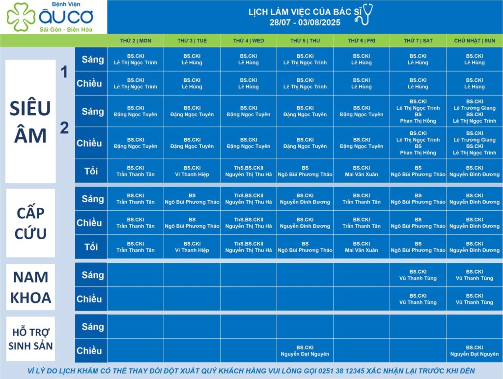 LỊCH LÀM VIỆC CỦA BÁC SĨ TỪ NGÀY 28/07 - 03/08/2025 lic truc 28 7 1