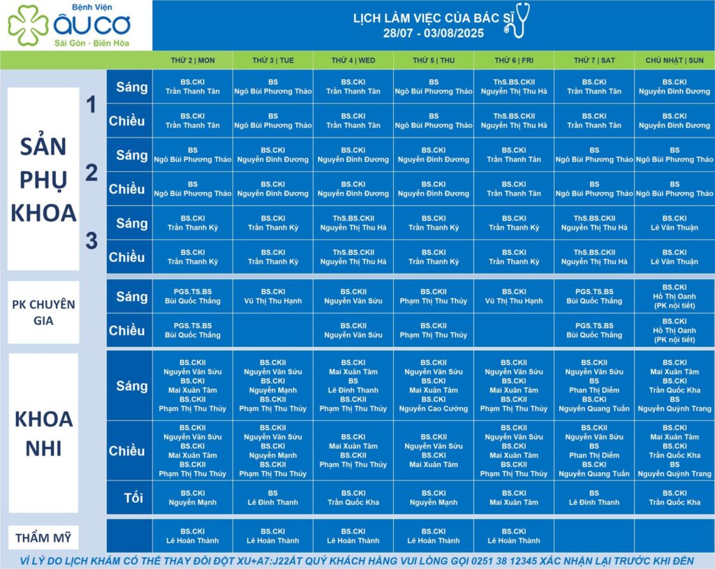 LỊCH LÀM VIỆC CỦA BÁC SĨ TỪ NGÀY 28/07 - 03/08/2025 lic truc 28 7