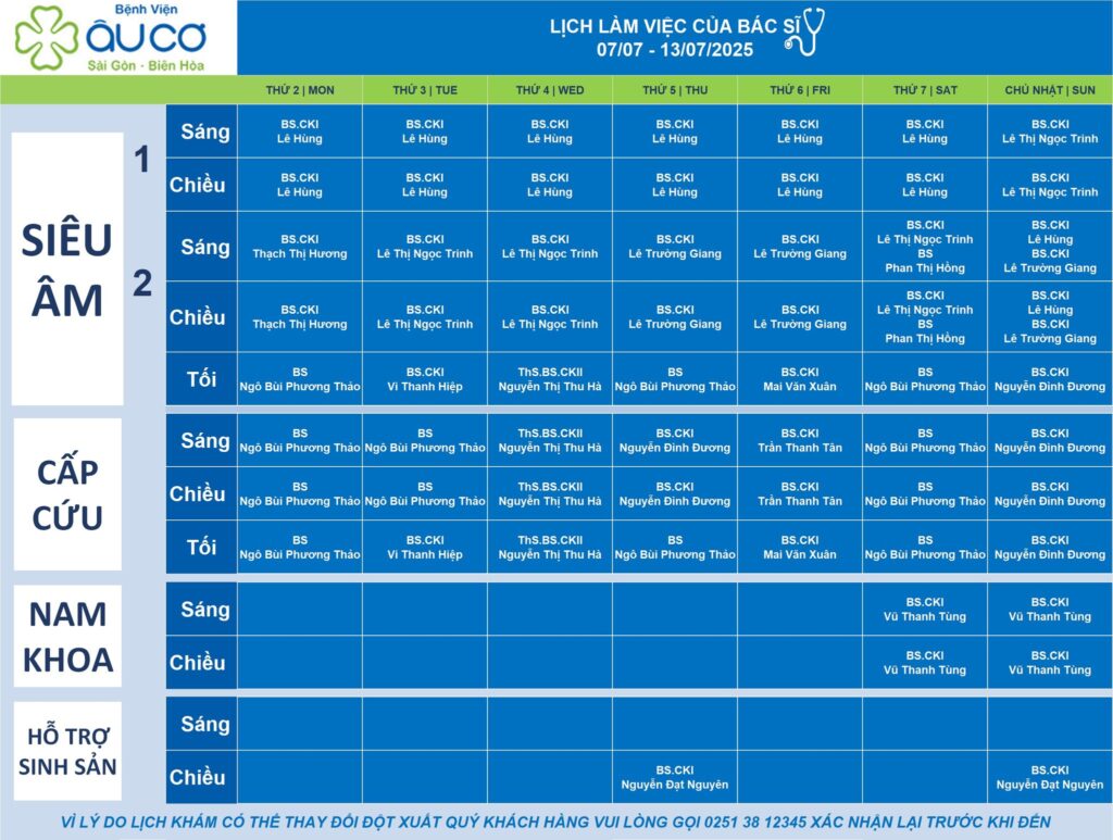 LỊCH LÀM VIỆC CỦA BÁC SĨ TỪ NGÀY 07/07 - 13/07/2025 lic truc 7 7 1 1