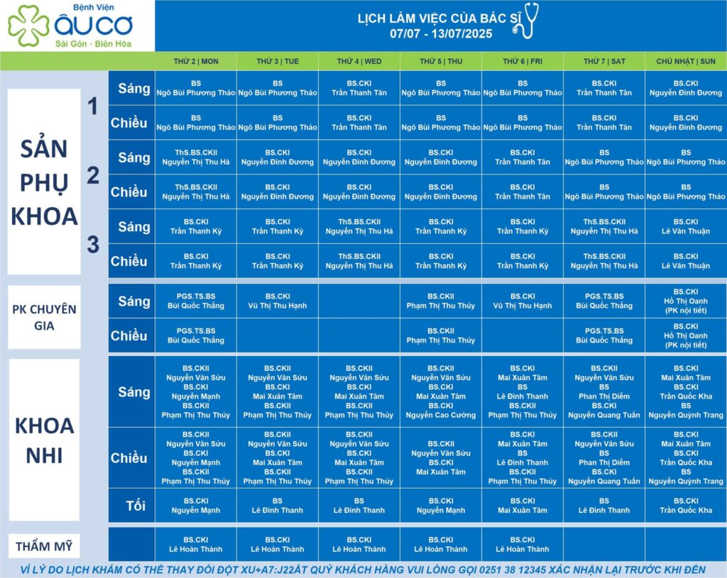 LỊCH LÀM VIỆC CỦA BÁC SĨ TỪ NGÀY 07/07 - 13/07/2025 lic truc 7 7 2