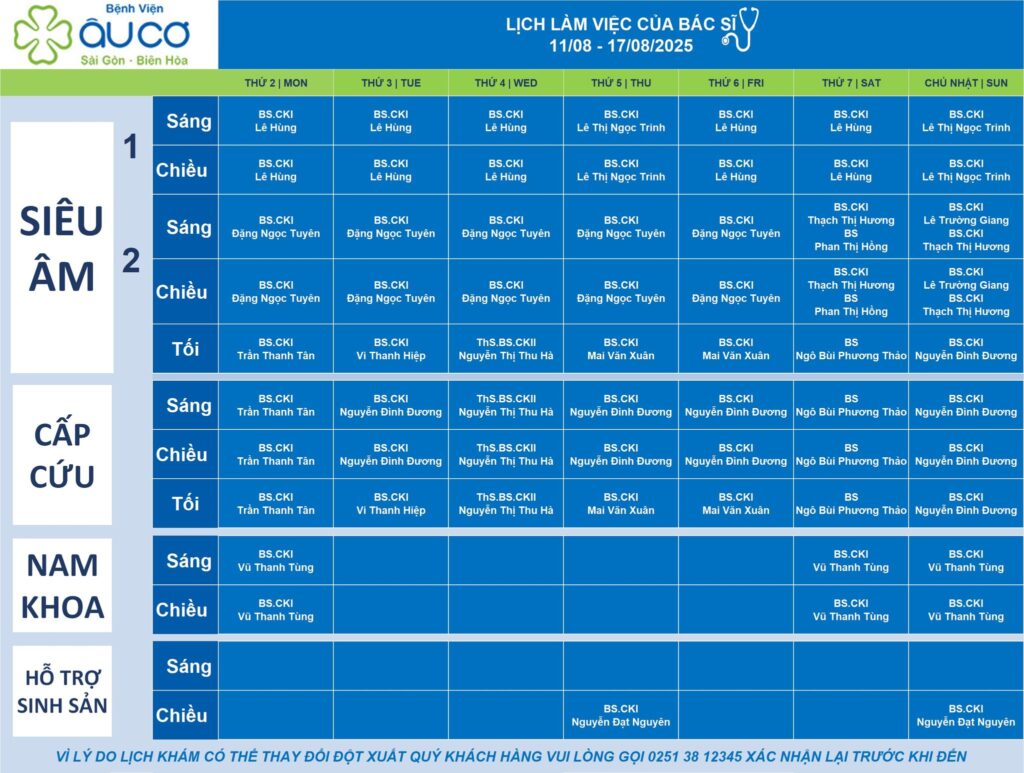 LỊCH LÀM VIỆC CỦA BÁC SĨ TỪ NGÀY 18/08 - 24/08/2025 lic truc 11 8 1 1