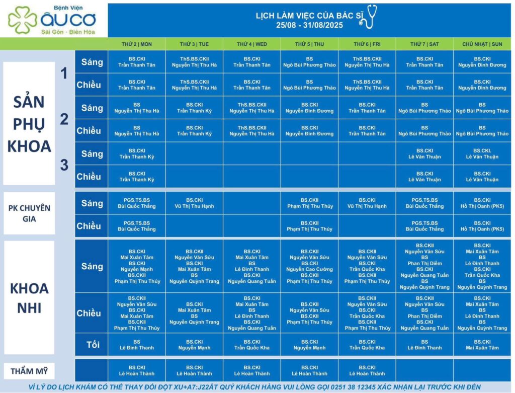LỊCH LÀM VIỆC CỦA BÁC SĨ TỪ NGÀY 25/08 - 31/08/2025 lich 25 31 1