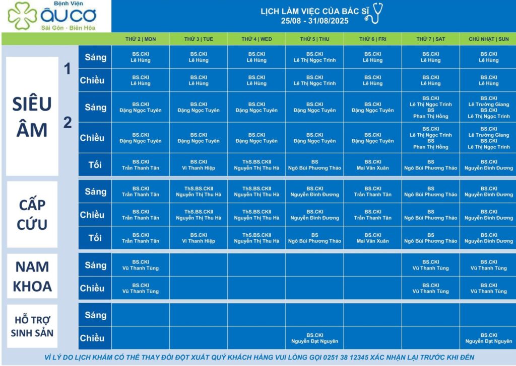 LỊCH LÀM VIỆC CỦA BÁC SĨ TỪ NGÀY 25/08 - 31/08/2025 lich 25 31