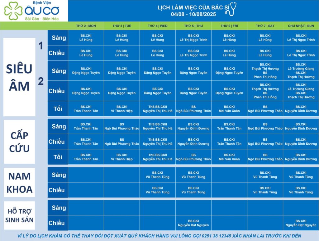 LỊCH LÀM VIỆC CỦA BÁC SĨ TỪ NGÀY 04/08 - 10/08/2025 lich truc 04 08 1