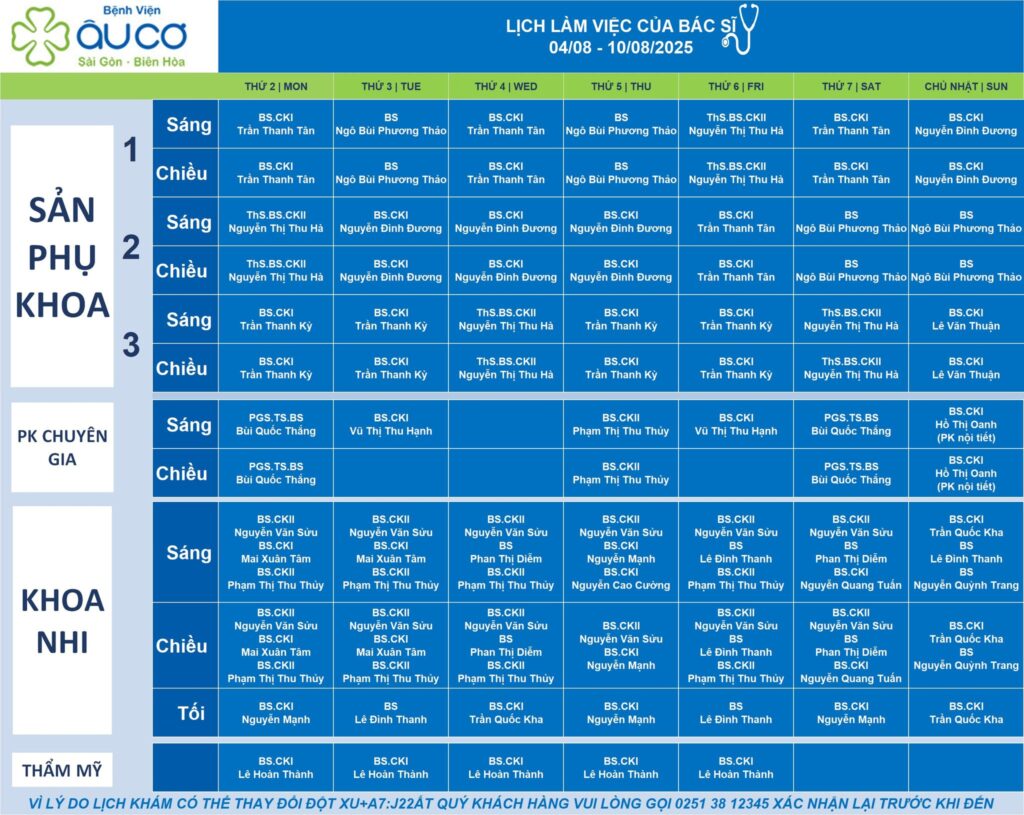 LỊCH LÀM VIỆC CỦA BÁC SĨ TỪ NGÀY 04/08 - 10/08/2025 lich truc 04 08