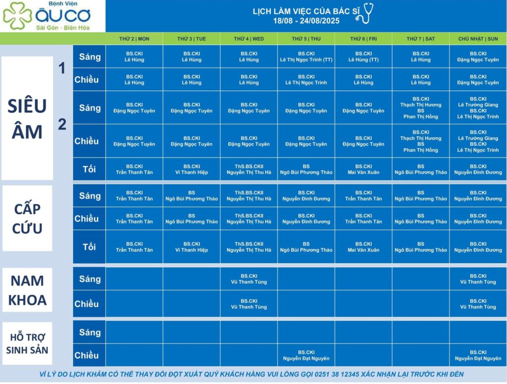 LỊCH LÀM VIỆC CỦA BÁC SĨ TỪ NGÀY 18/08 - 24/08/2025 lich truc 18 8